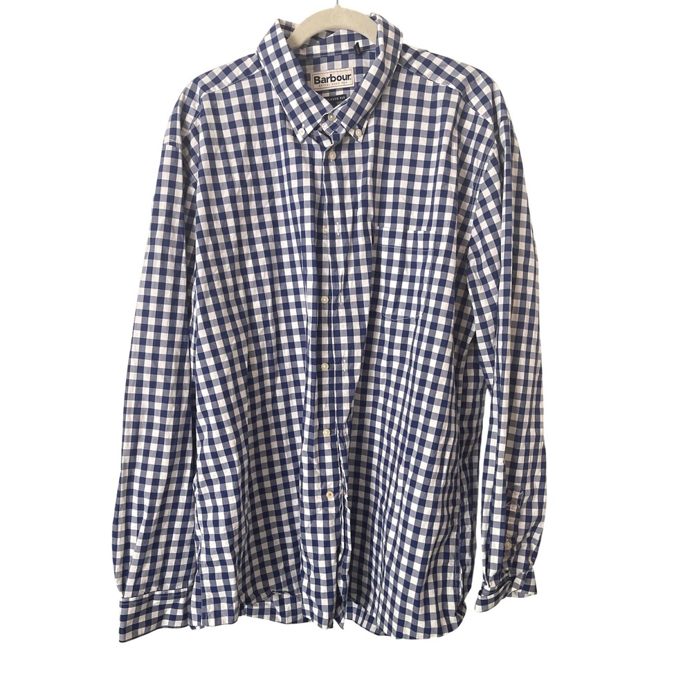 Barbour Blue White Buffalo Check Plaid Tailored Fir Button Down Shirt XL